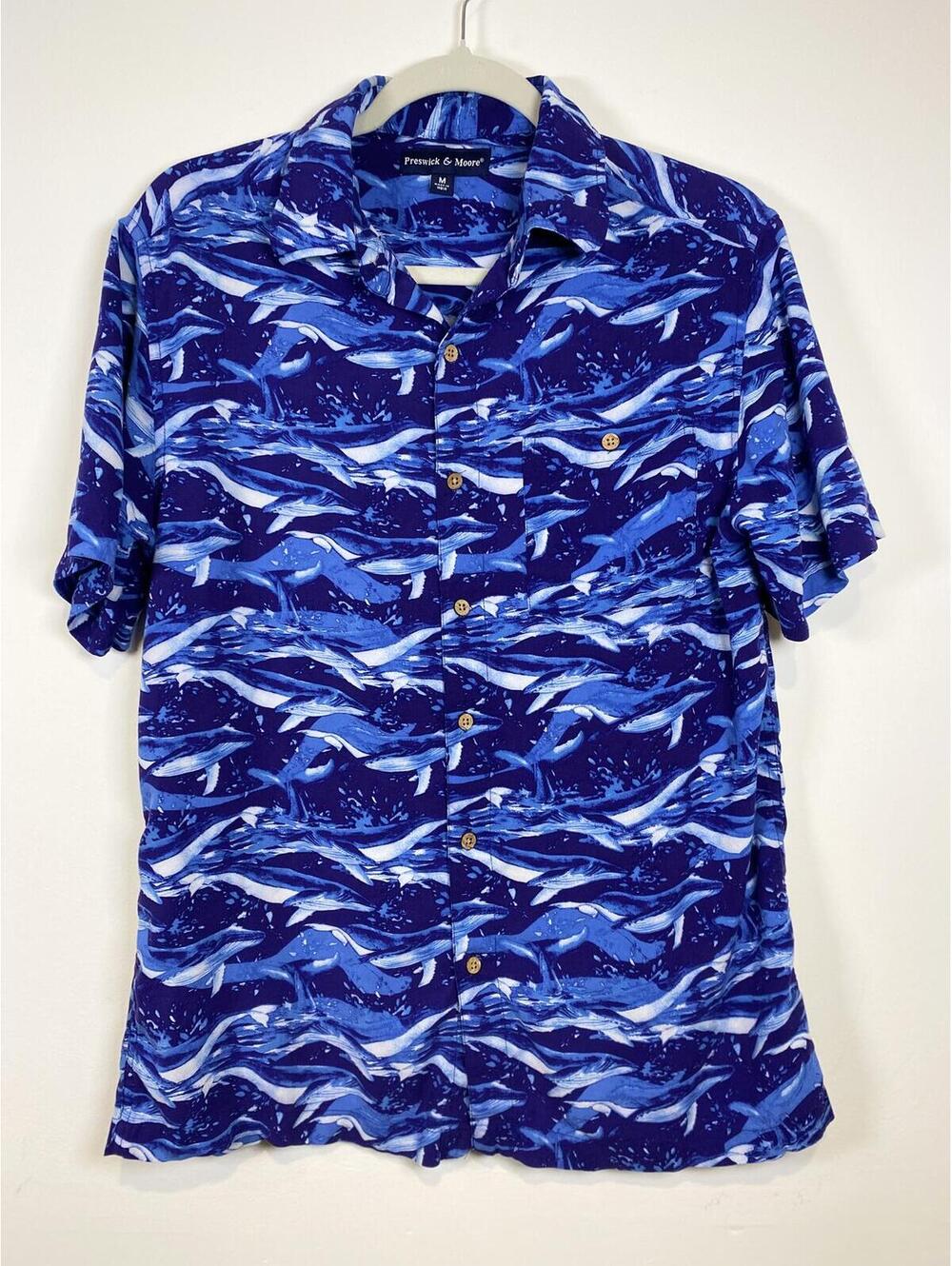 Preswick & Moore Blue Whale Short Sleeve Button-Up Shirt Size M